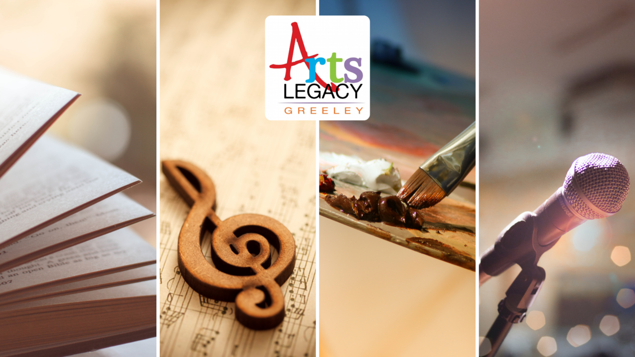 A collage of four images representing arts in different forms: an open book, a wooden musical note on sheet music, a painter's palette with brushes, and a microphone.