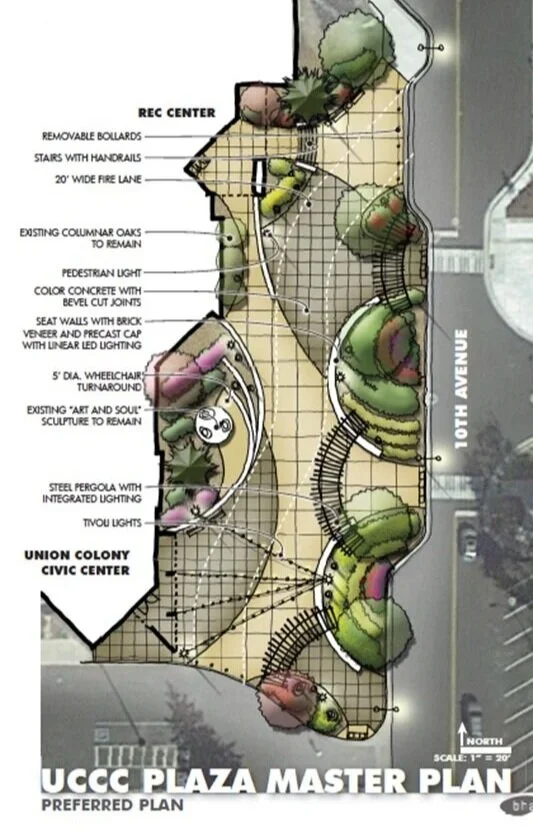 landscape site plan of plaza redesign in front of Union Colony Civic Center and showing 10th Avenue to the right of the plaza space.