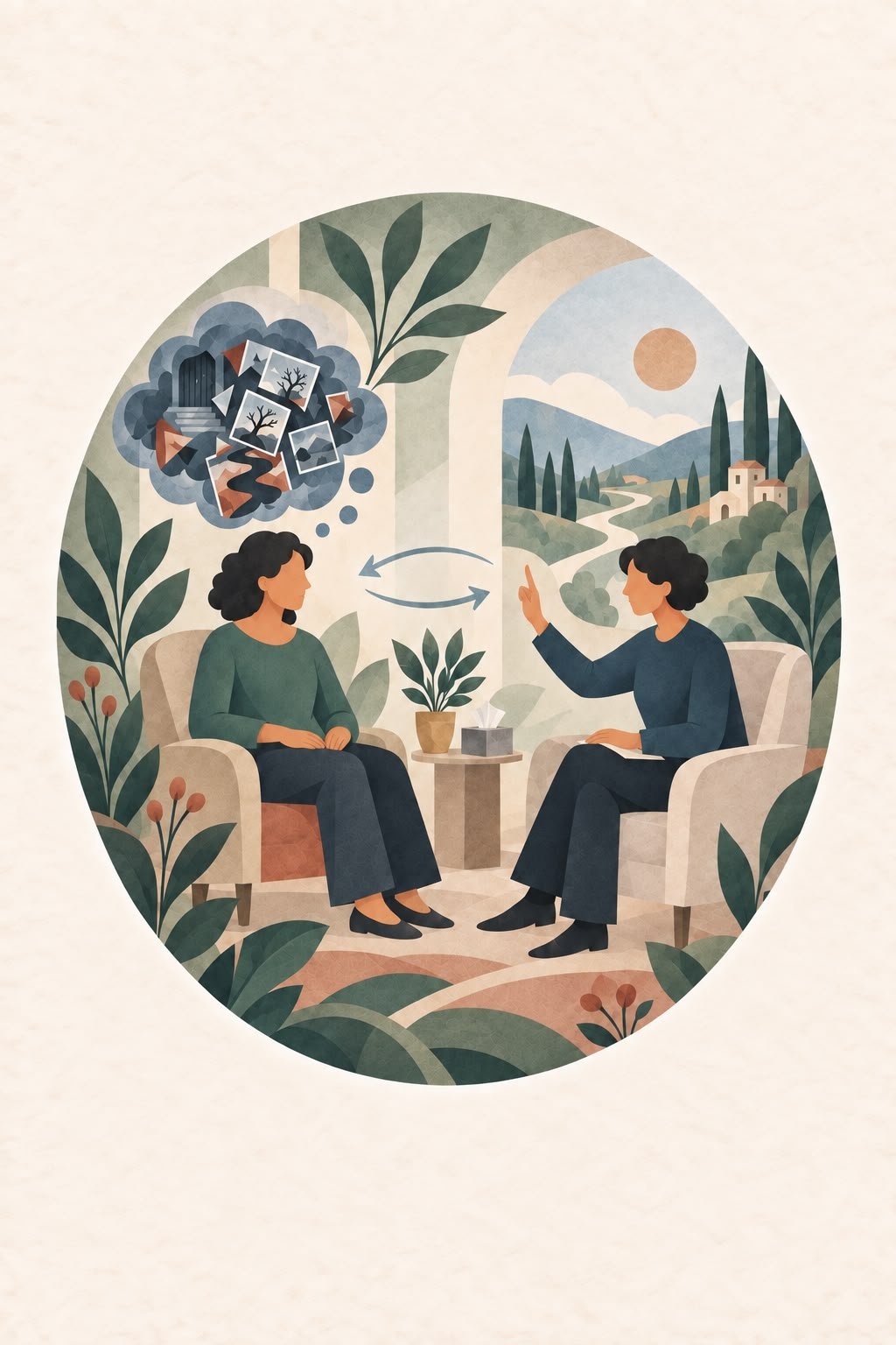 Une illustration d'un rendez-vous entre deux personnes dans une pièce avec vue sur la campagne, une personne parle et une autre pense à des souvenirs.