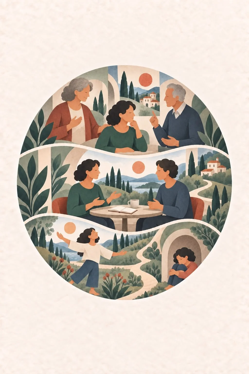 Illustration représentant différentes scènes de personnes discutant, lisant, marchant dans un paysage naturel avec des maisons et des montagnes en arrière-plan, le tout organisé en cercles concentriques.