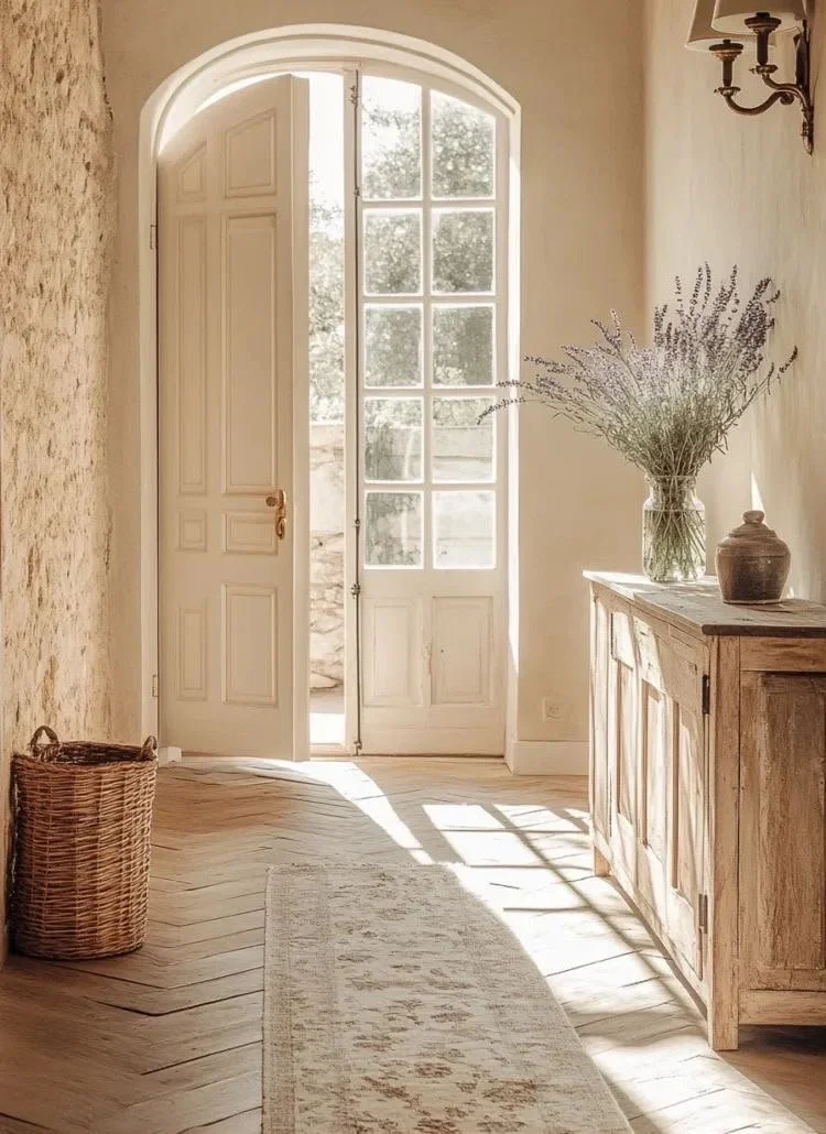 Intérieur d'une pièce lumineuse avec une porte en bois blanc, un tapis beige, une caisse en osier, une commode en bois avec un vase de lavande et un pot en terre cuite.