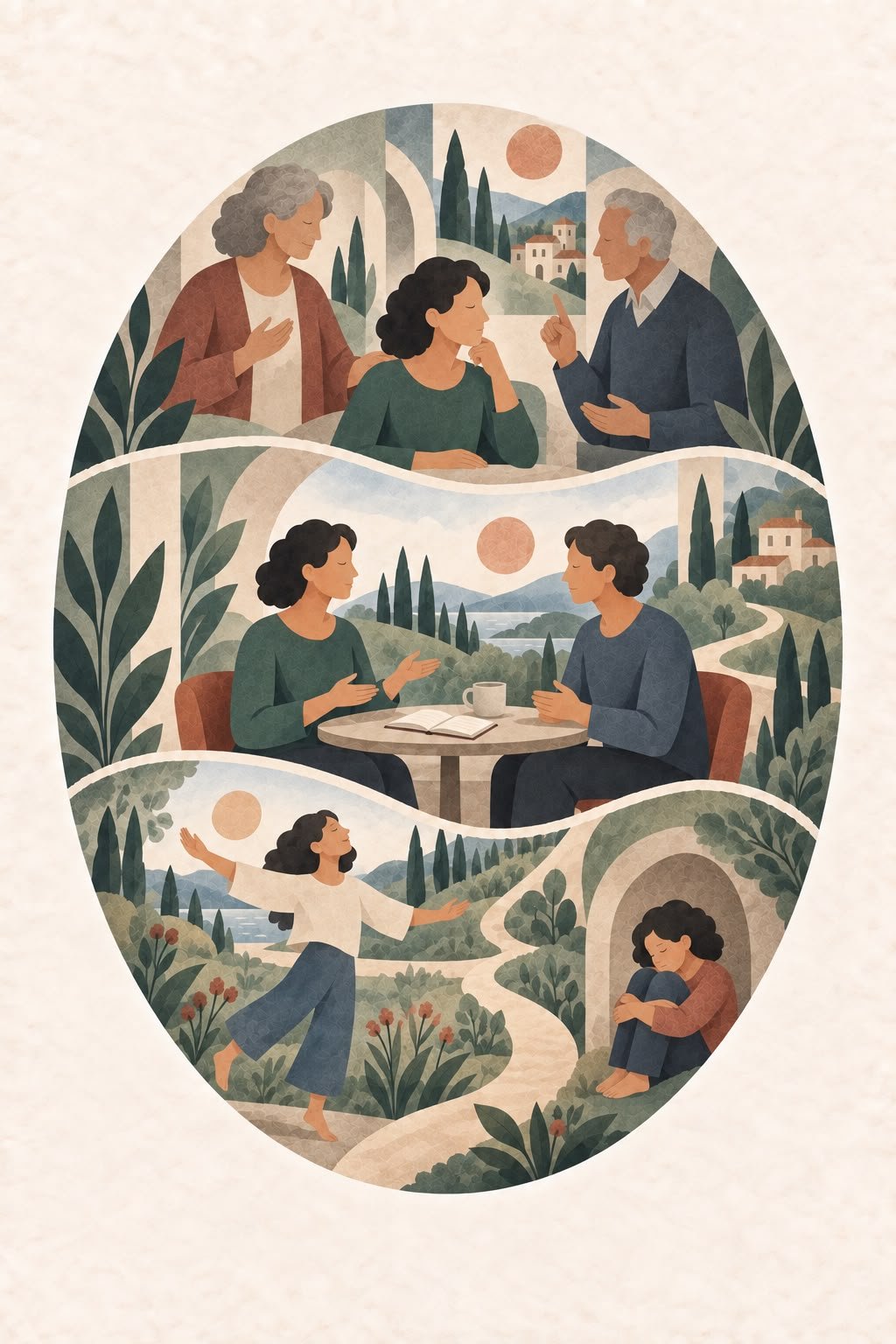 Une illustration représentant différentes scènes de la vie quotidienne, avec des personnes discutant, se promenant et profitant de la nature dans un cadre bucolique.