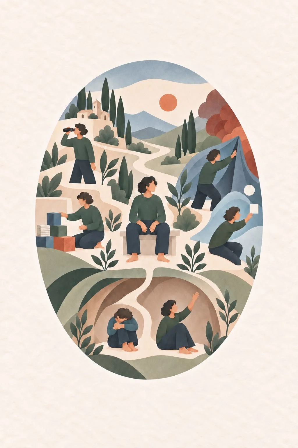 Illustration représentant différentes activités humaines dans un paysage naturel, avec des montagnes, des arbres, et un soleil.
