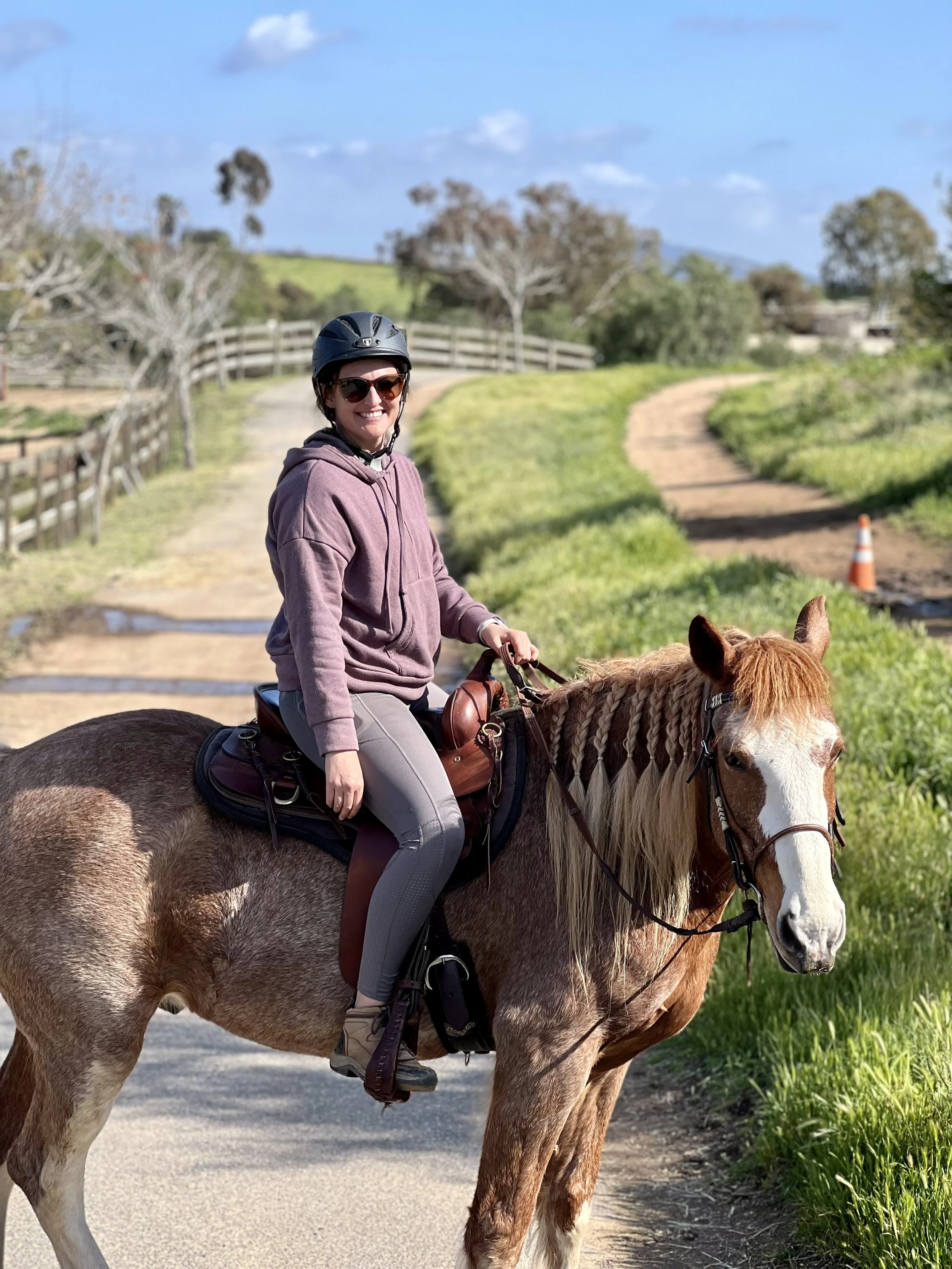 A woman wearing sunglasses, a helmet, and a purple hoodie rides a light brown horse with a white face along a dirt path in a rural area with green grass, trees, and a fenced field under a blue sky with some clouds.