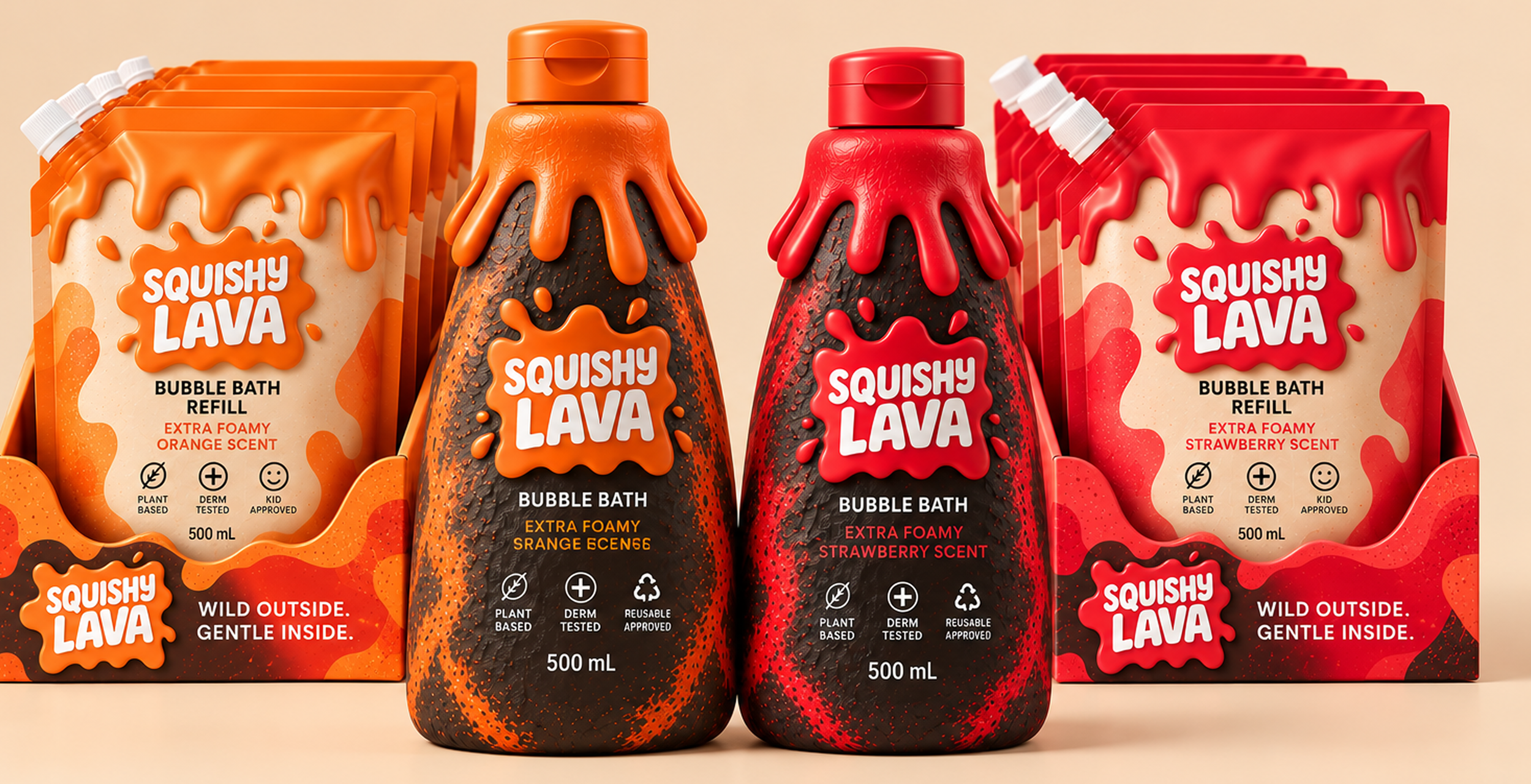Two bottles of Squishy Lava bubble bath refill with orange and strawberry scents, surrounded by matching packaging pouches.