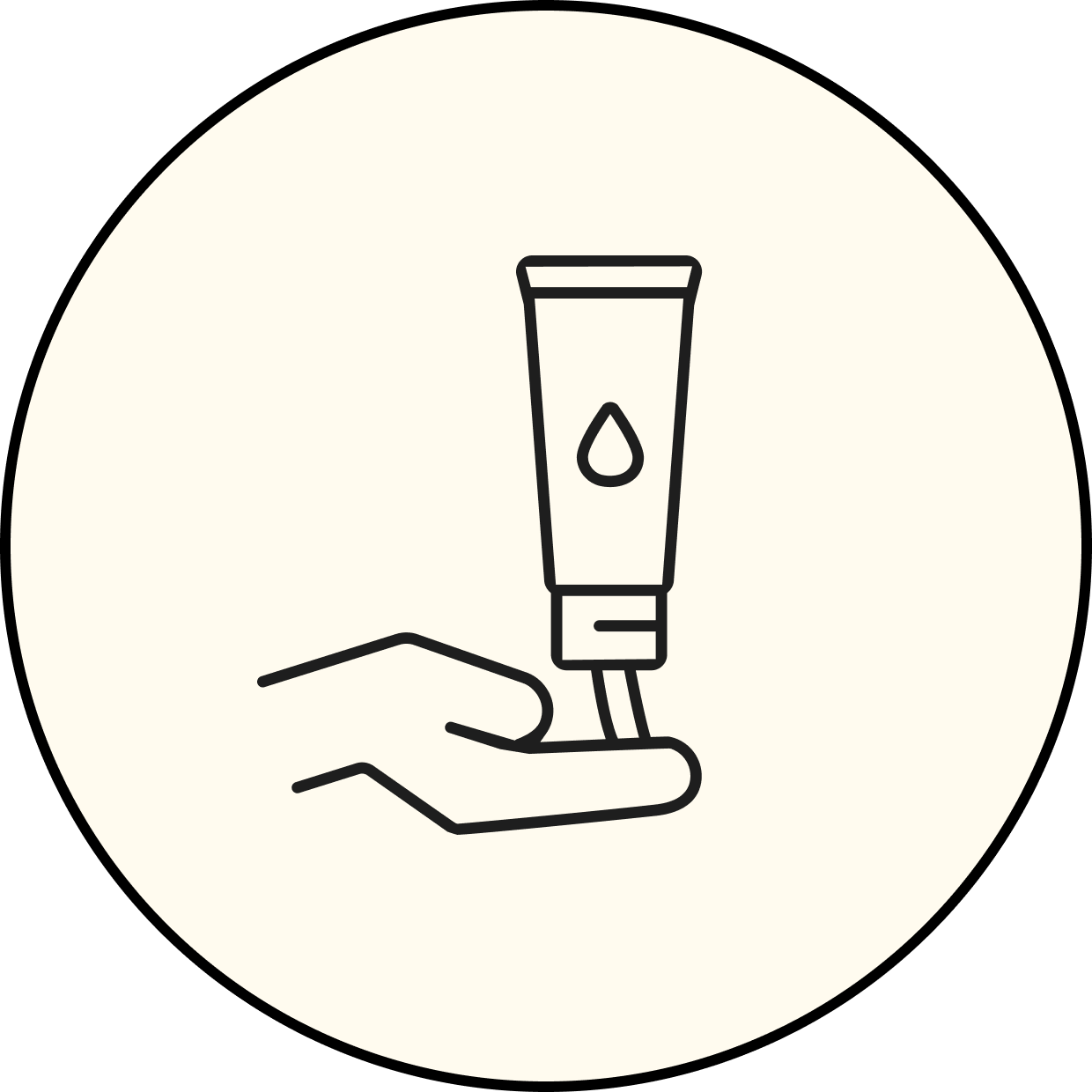 Line drawing of a hand holding a tube of cream or lotion, with a droplet symbol on it, against a circular light background.