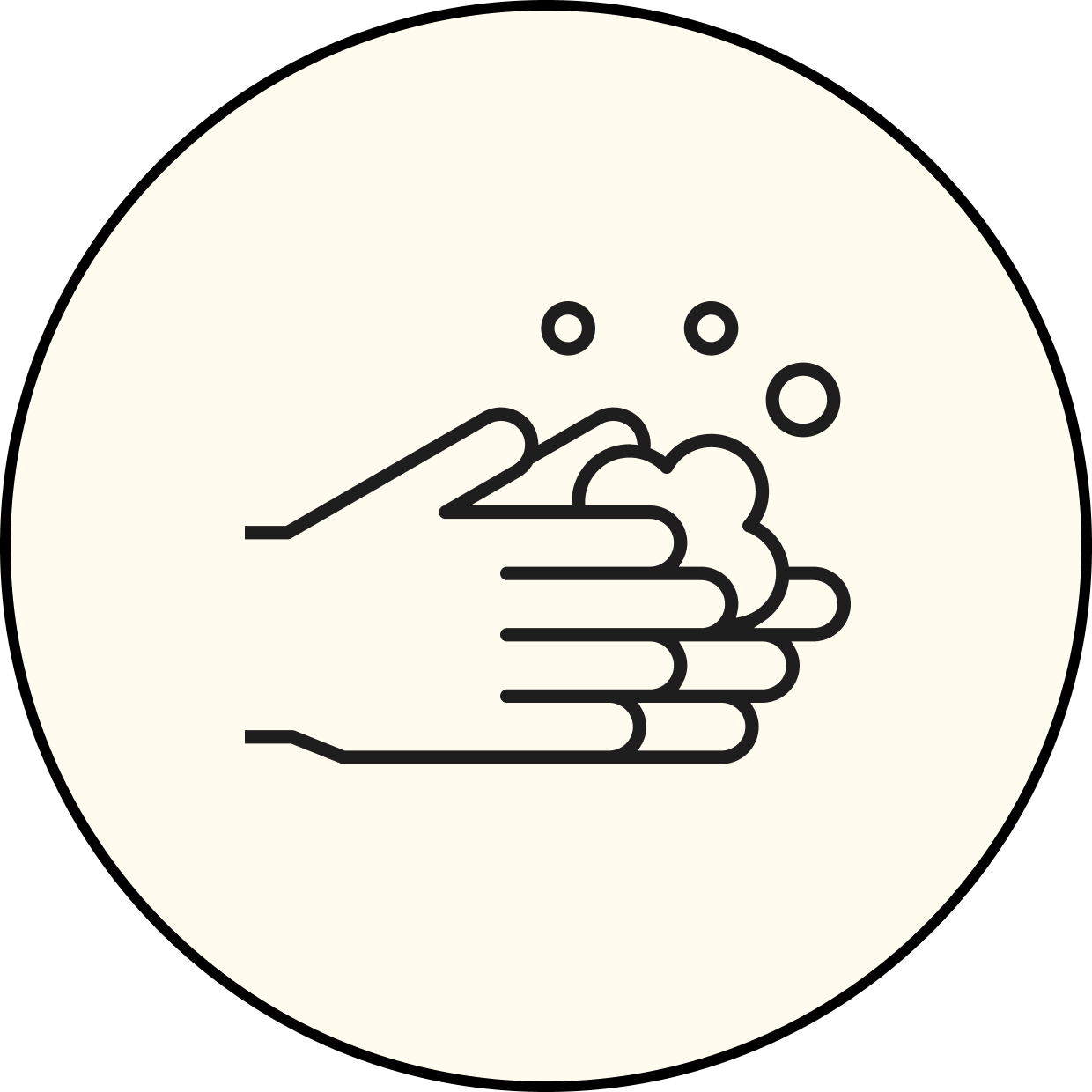 Line drawing of hands washing with soap and water, producing soap suds and bubbles.