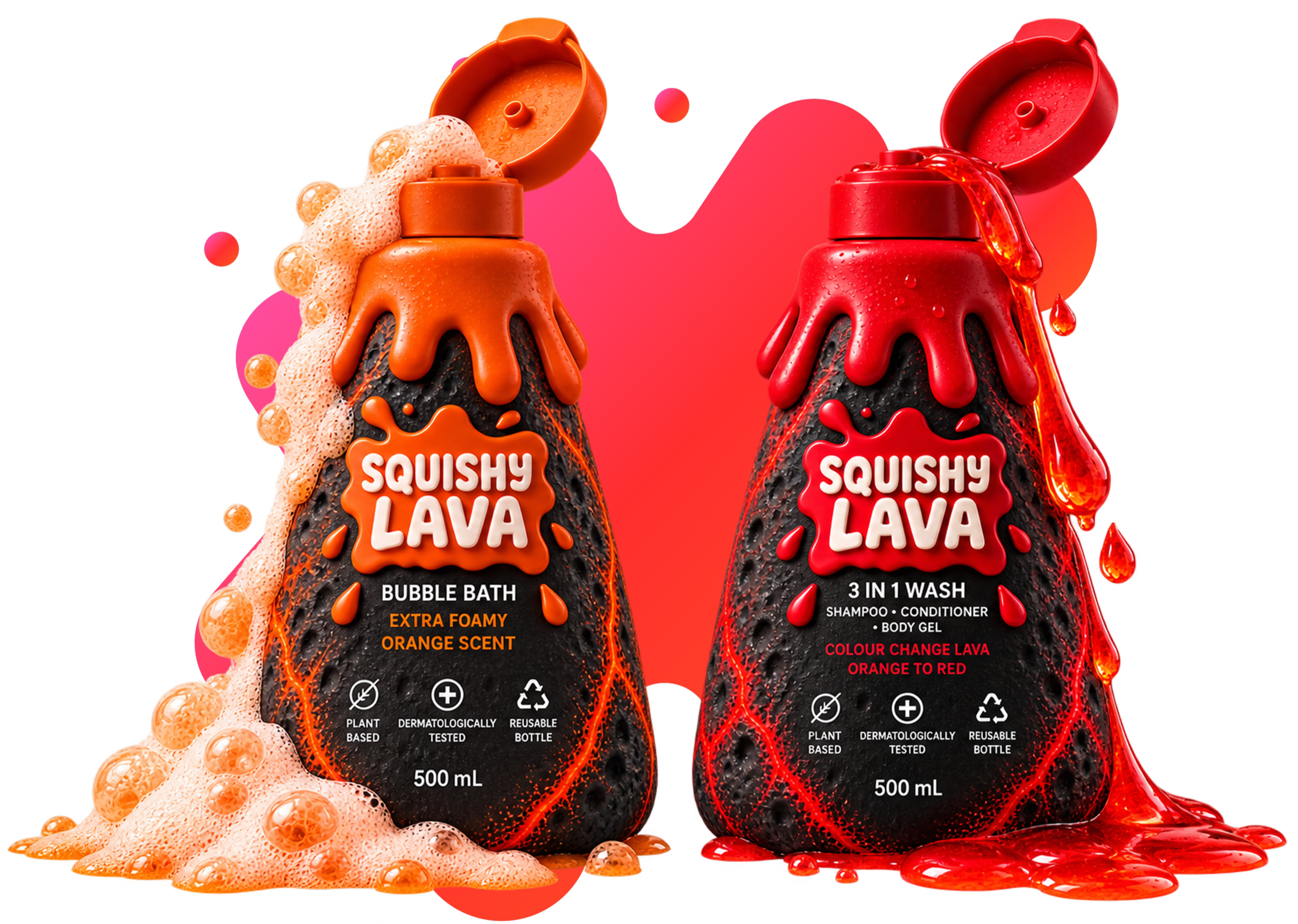 Comparison of two Squishy Lava bath products. The left bottle is labeled "Bubble Bath" with an orange foam and scent, and the right bottle is labeled "3 in 1 Wash" with red lava design, showing a color change feature from orange to red.