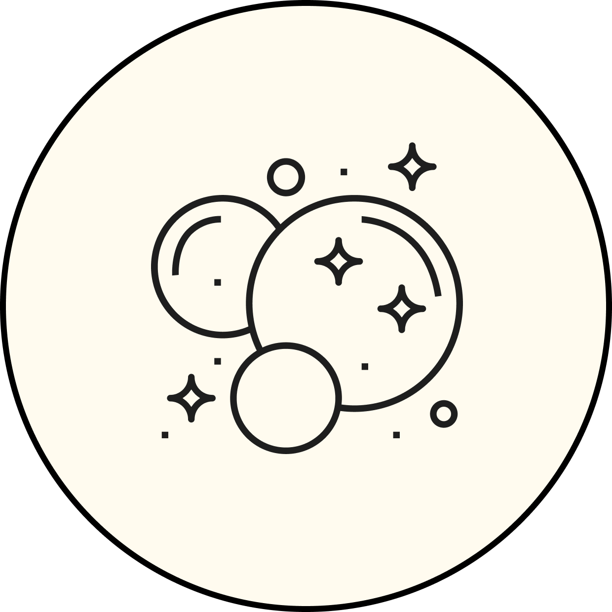 Line drawing of sparkling planets or celestial bodies in space with small stars and circular particles around them.