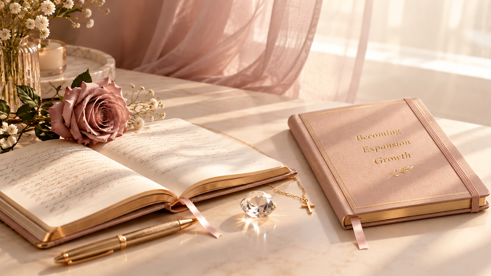 Blush journal and open notebook with a pink rose, crystal, and gold cross necklace in soft sunlight.