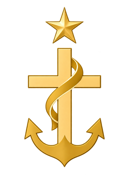 Gold anchor and cross with a star representing Faith & Becoming.