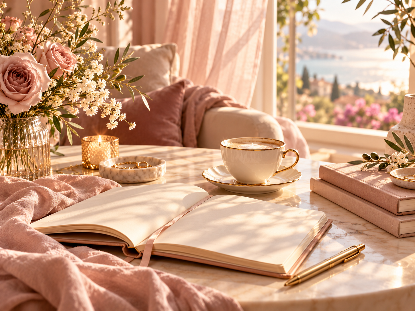 Warm sunlit table with an open journal, coffee, pink roses, and a scenic lake view, representing Brilliant Living.