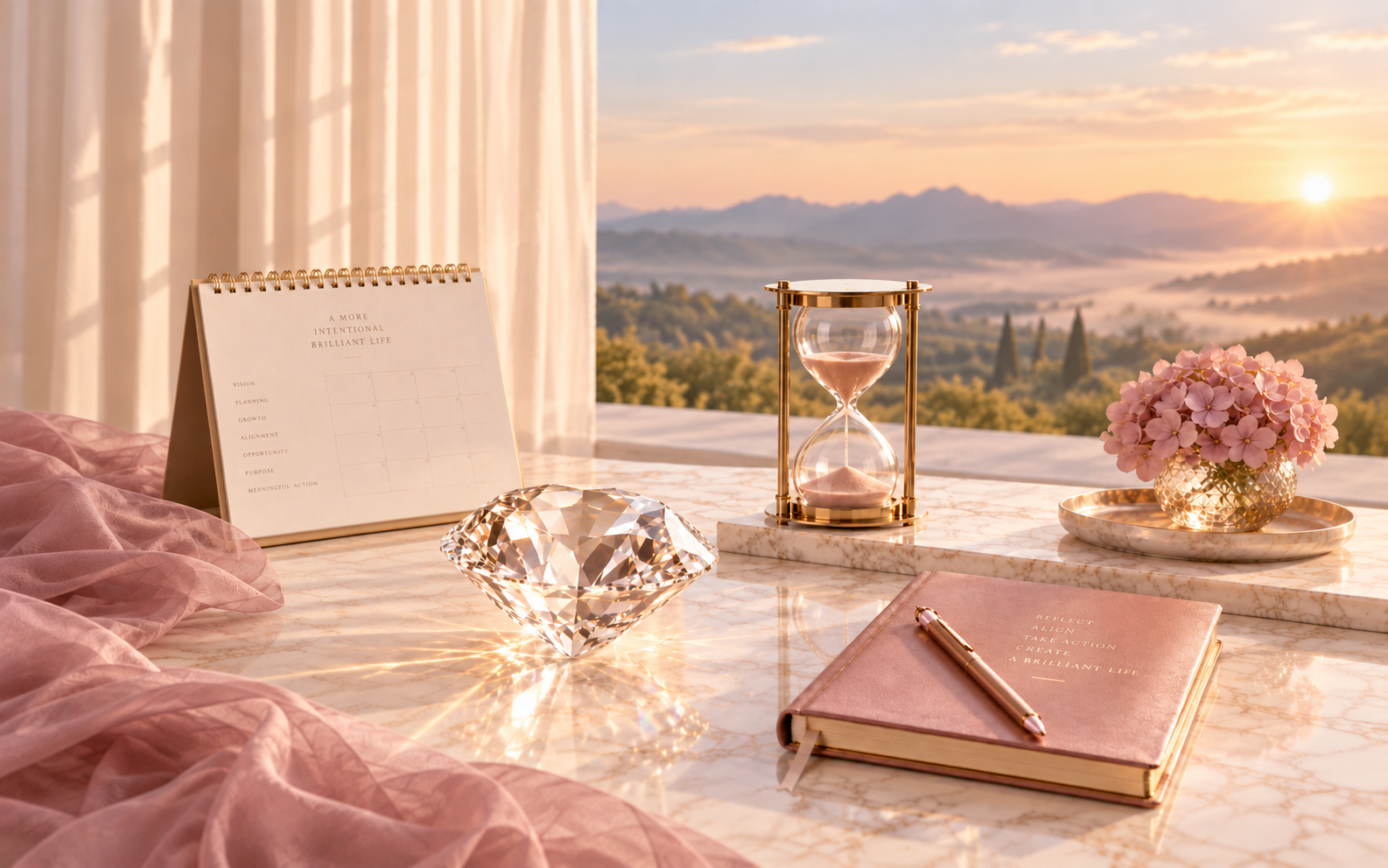 Sunset view over mountains, with a luxurious marble desk set up with a pink notebook, pen, a diamond-shaped decorative object, a glass hourglass with pink sand, a pink flower arrangement in a gold vase, and a whiteboard with notes, all inside a room with cream curtains.