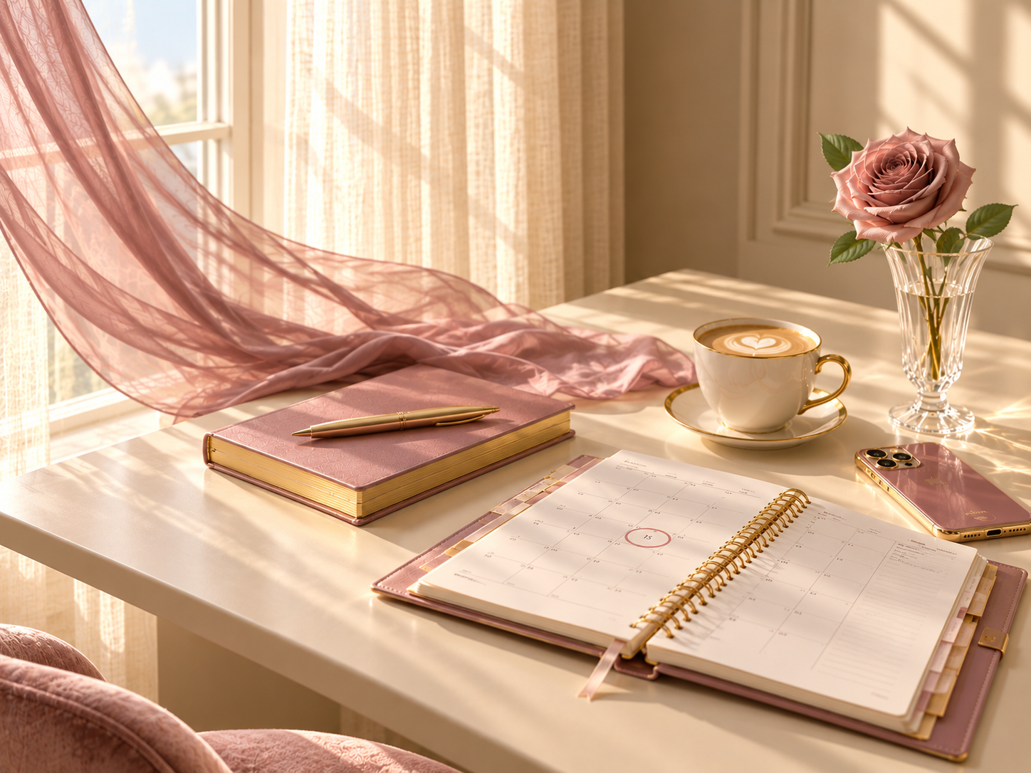 Warm sunlit workspace with an open journal, blush notebook, laptop, coffee, pink roses, and gold accents.