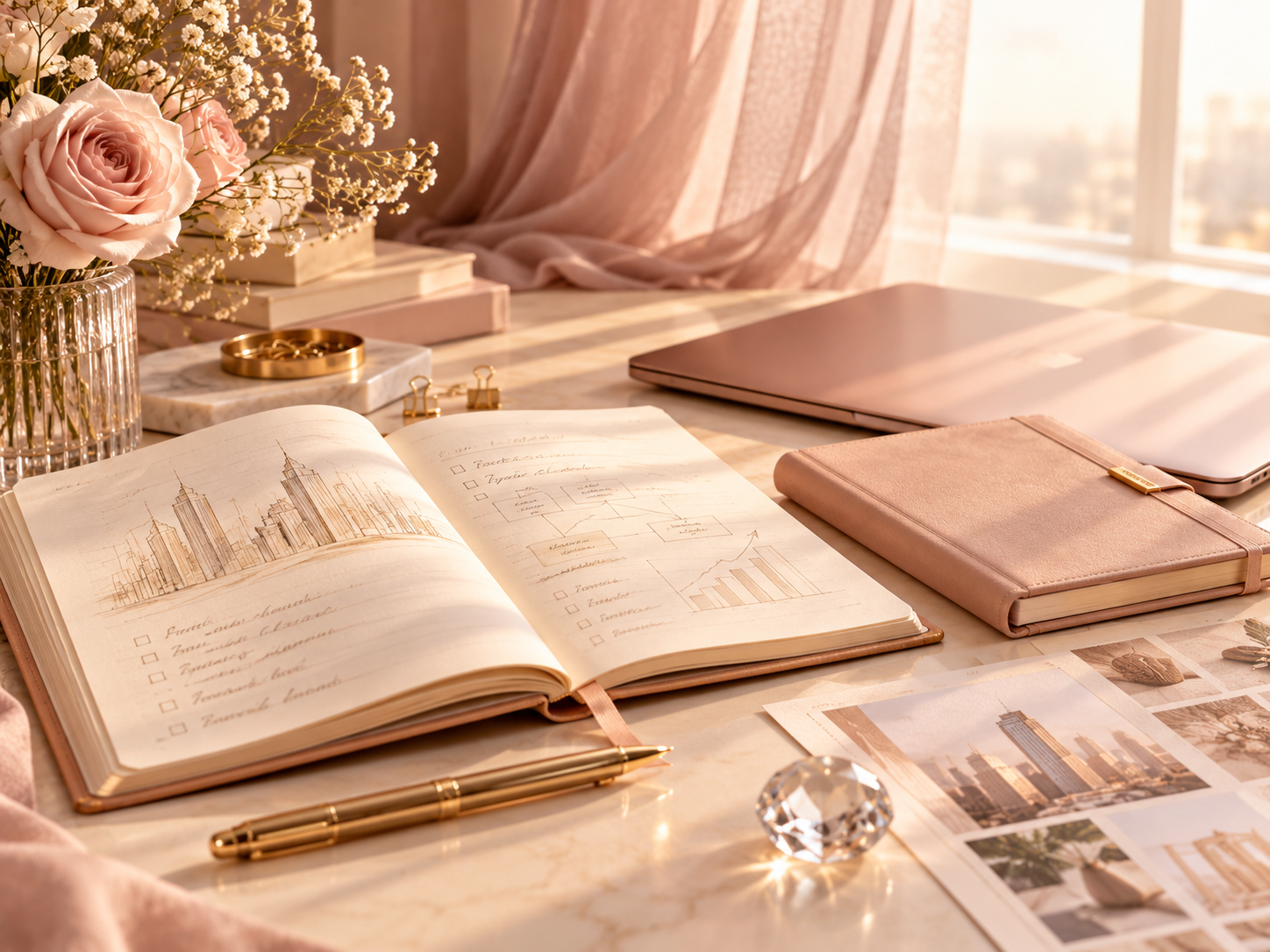 Warm sunlit workspace with an open planning journal, blush notebook, laptop, gold pen, and vision materials.