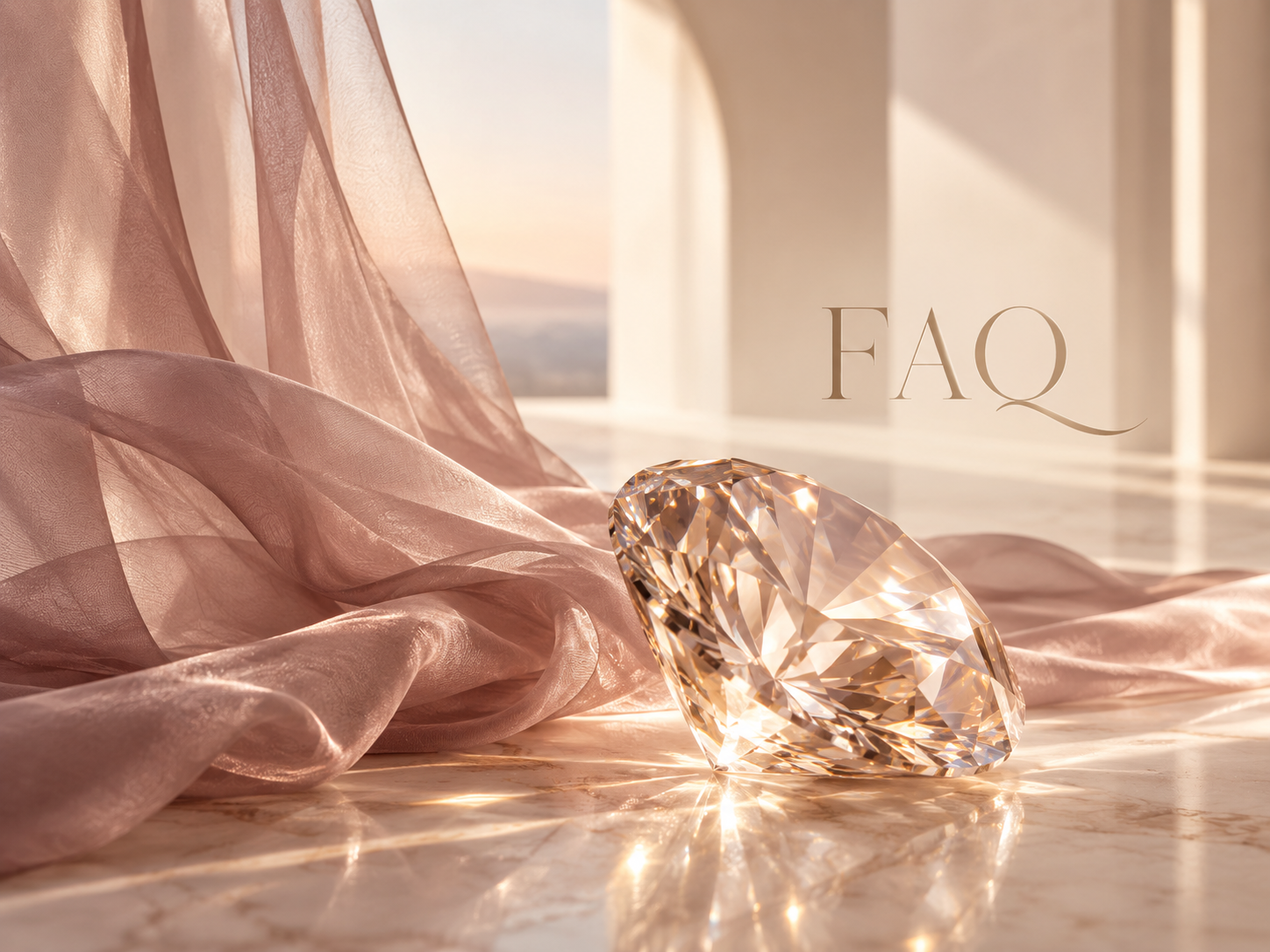 Faceted diamond on marble beside blush fabric in warm sunlight, representing the FAQ section.