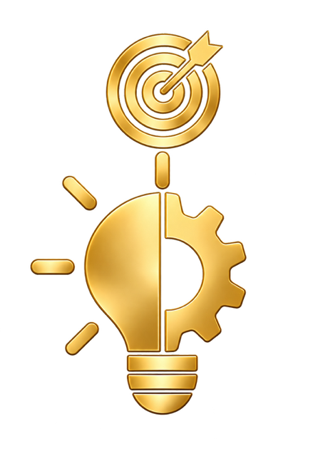 Gold icon combining a target with an arrow, a light bulb, and a gear, representing ideas, goals, and innovation.