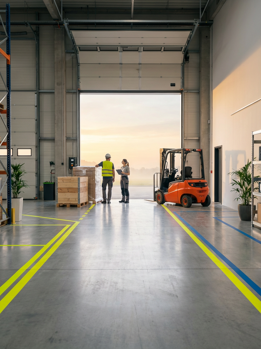 Inside a warehouse with two workers in safety vests and a forklift near the open garage door, with pallets and plants around.