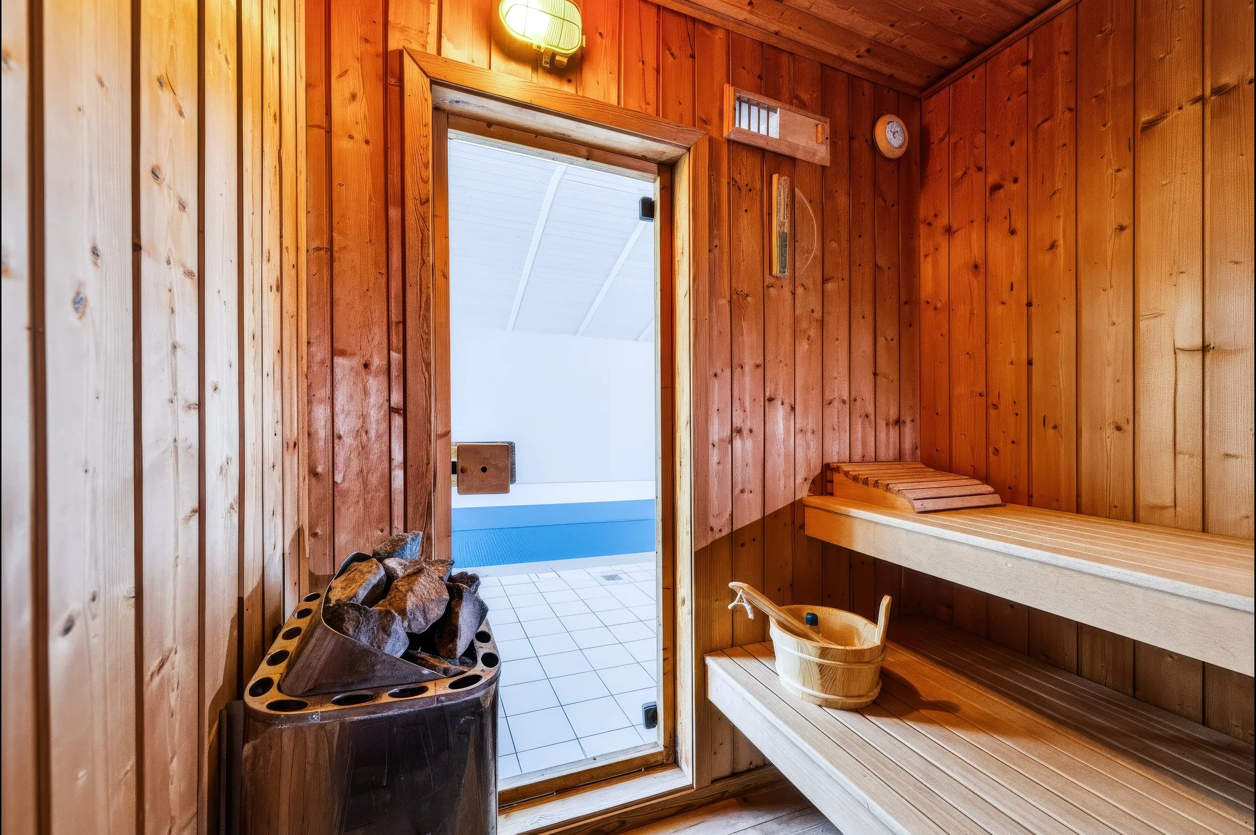 Sauna
Private Sauna in The Lazy Möwe mit Holzbank, Saunaofen und Aufgusseimer