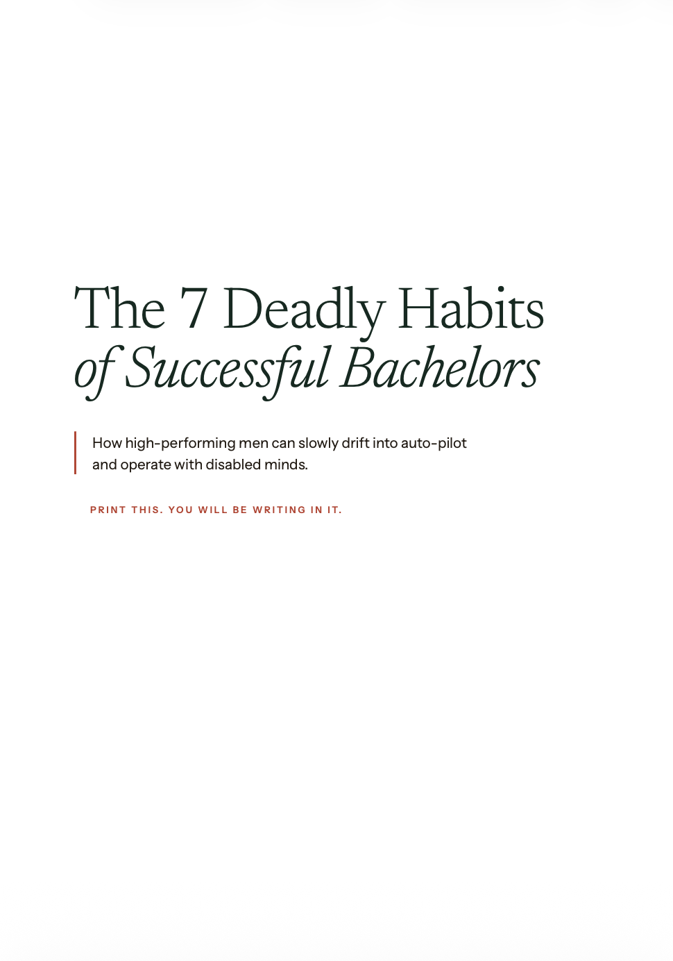 Cover page of a book titled 'The 7 Deadly Habits of Successful Bachelors' with subtitle about high-performing men and disabled minds, and a note in red about writing.