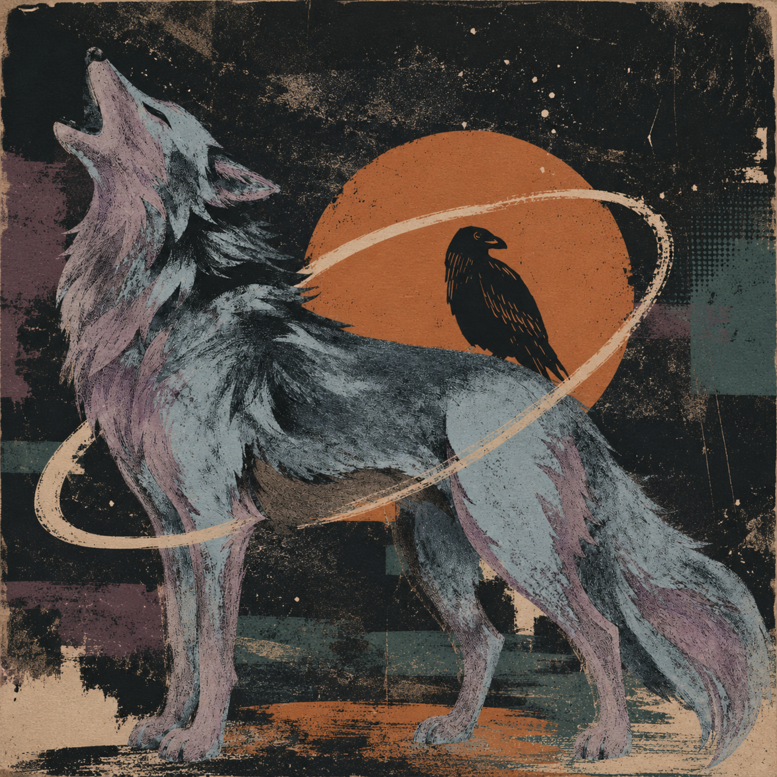 Stylized illustration of a wolf howling at a setting sun with a black starry sky background.