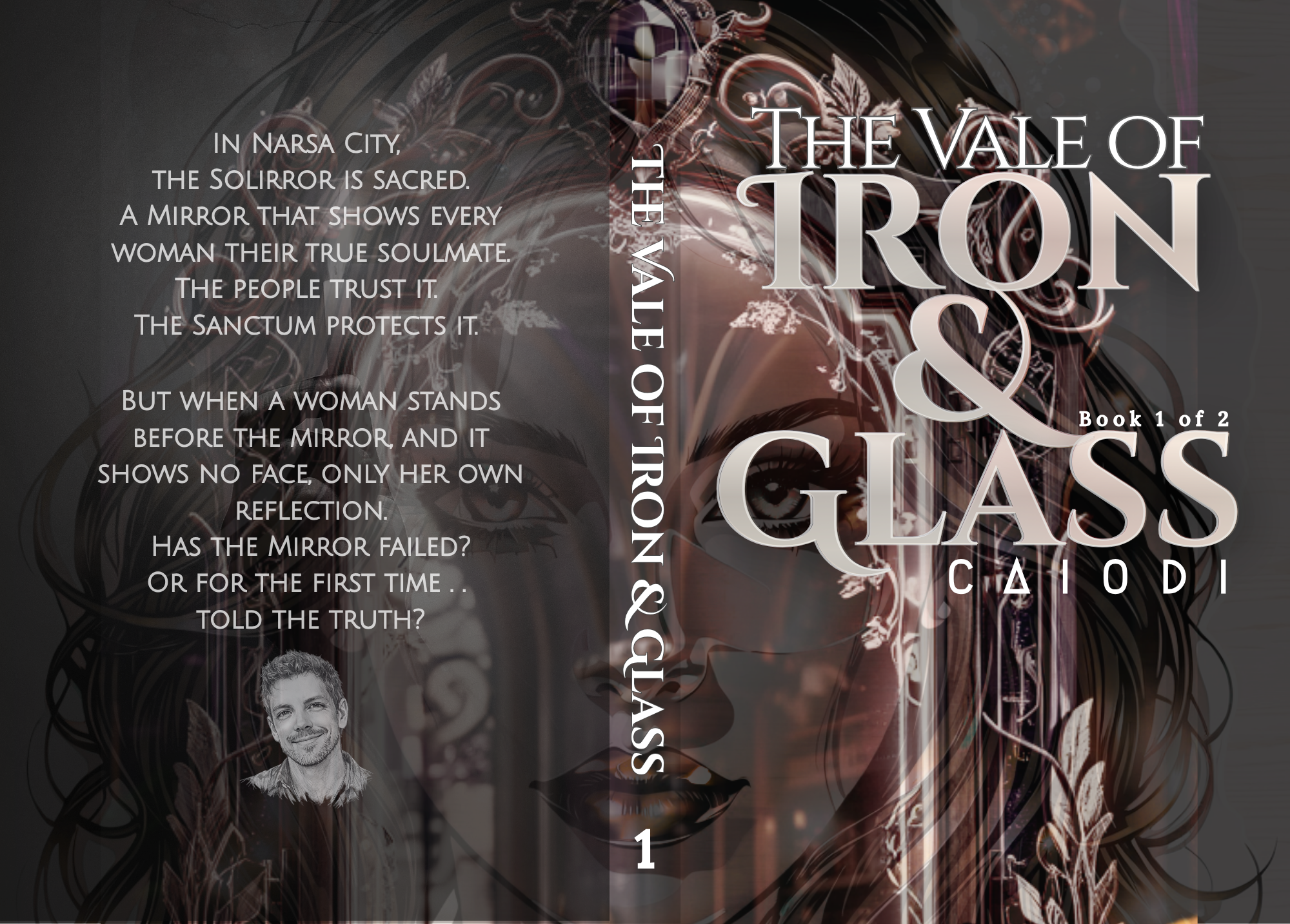 Book cover titled 'The Value of the Iron & Glass' with a dark ornate background, a mirror reflecting a woman's face, and a small photo of a man in the lower left corner.