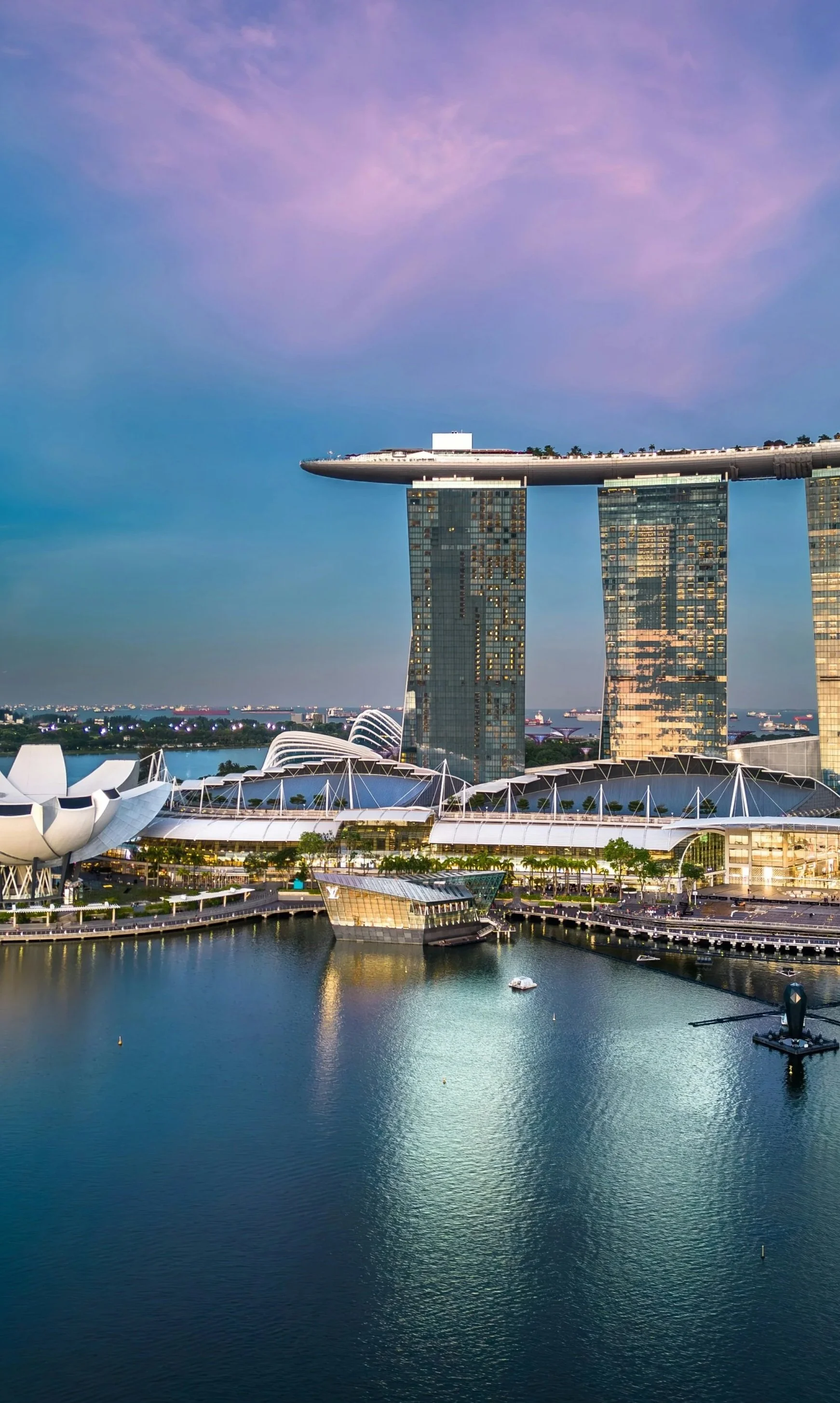 Night view of Marina Bay Sands hotel, ArtScience Museum, and surrounding waterfront in Singapore with colorful sky