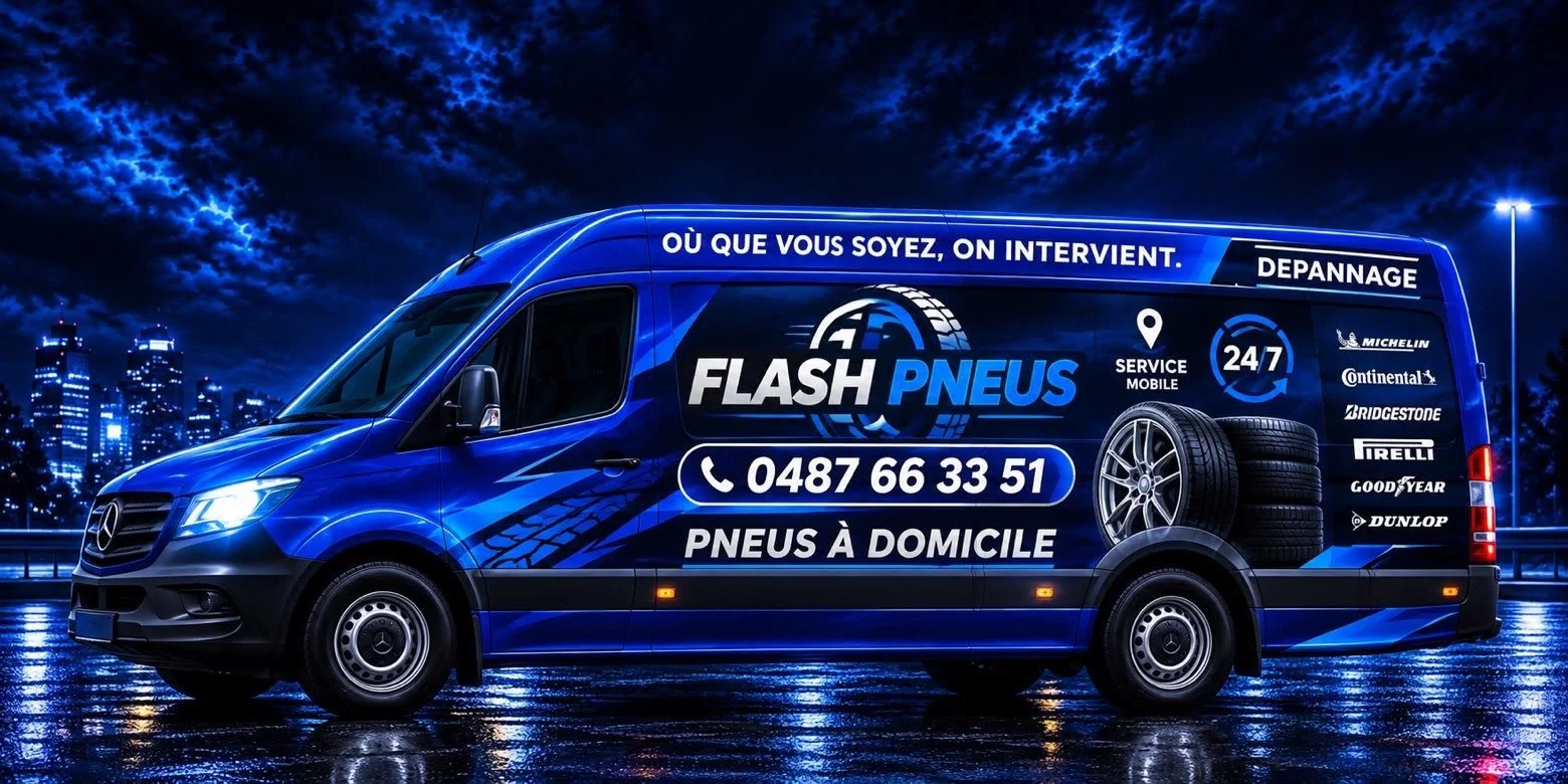 Véhicule commercial bleu brillant pour un service de pneus à domicile, avec logo Flash Pneus, pneus, services 24/7, et logos de marques de pneus sur le côté, dans un paysage urbain nocturne.