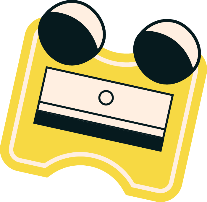 Illustration of a yellow stopwatch with two black and white marbles on top.