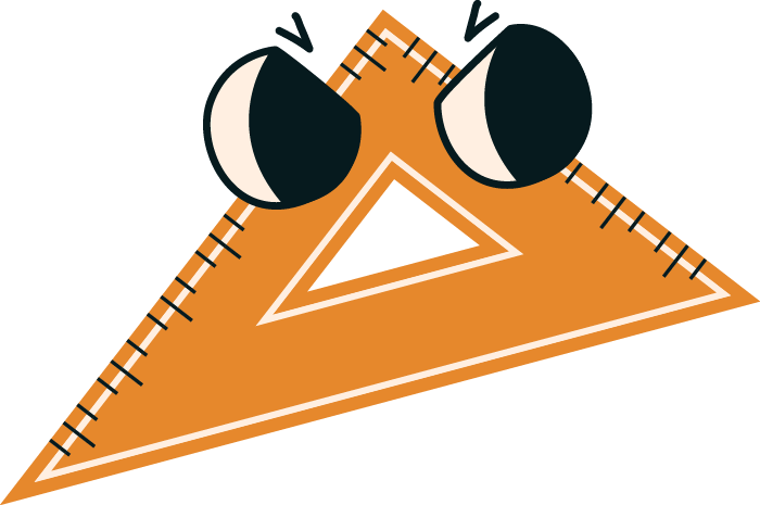 A cartoon illustration of a brown triangular ruler with black and white eyes and black eyebrows.