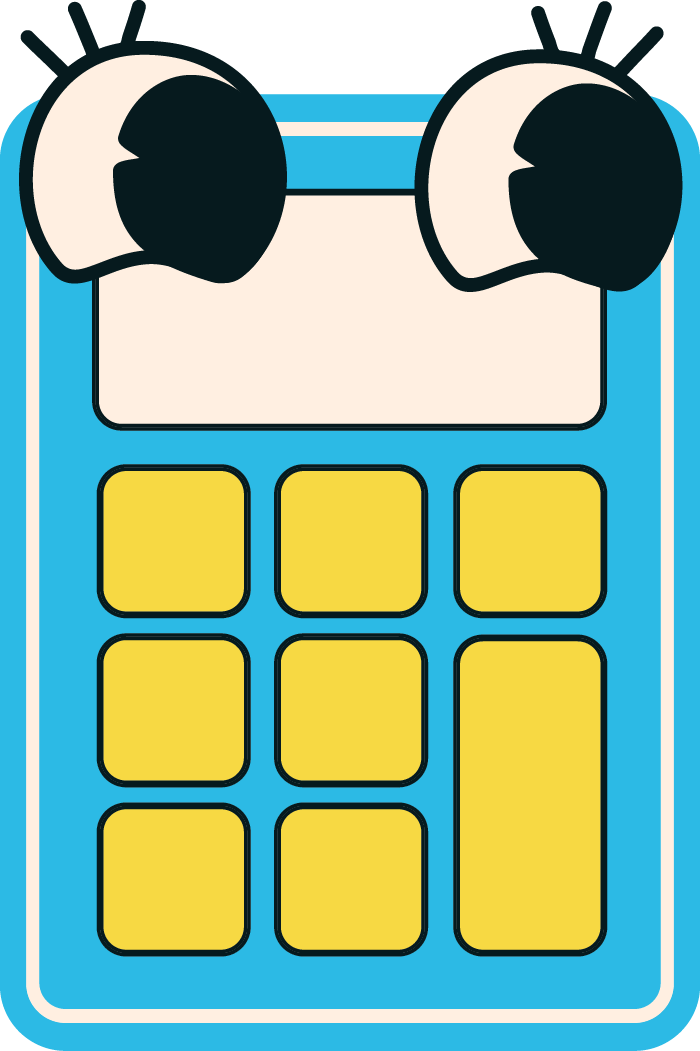 Colorful calculator with yellow buttons and cartoon eyes on the display