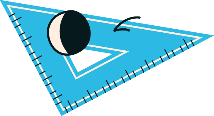 A blue triangular ruler with measurement marks, a black-and-white spherical object resembling a stylized eye, and a black curved line or filament.