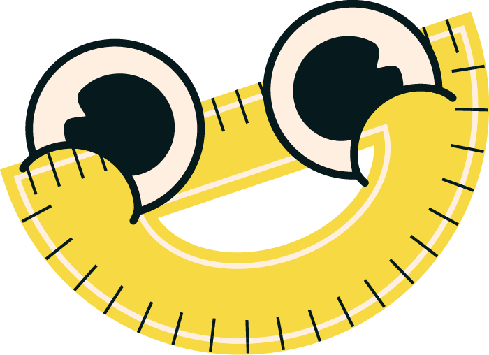 A cartoon yellow measuring tape with a smiling face and large eyes.