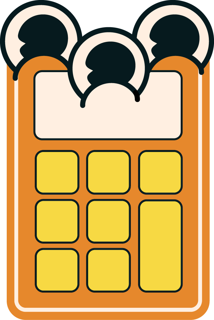 Illustration of an orange calculator with six yellow buttons, a blank digital display, and four black silhouette icons representing people on top.