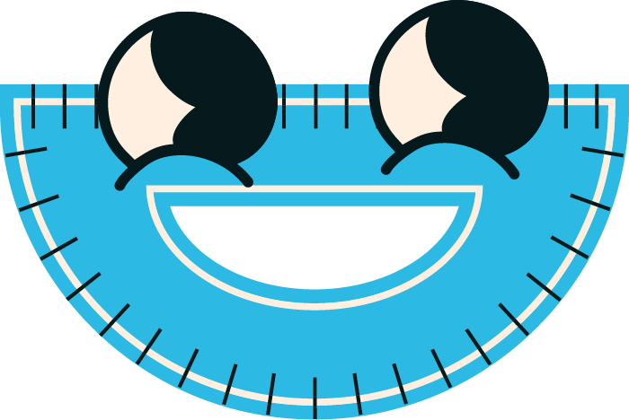 Illustration of a blue smiling clock with cartoon eyes and a wide grin.