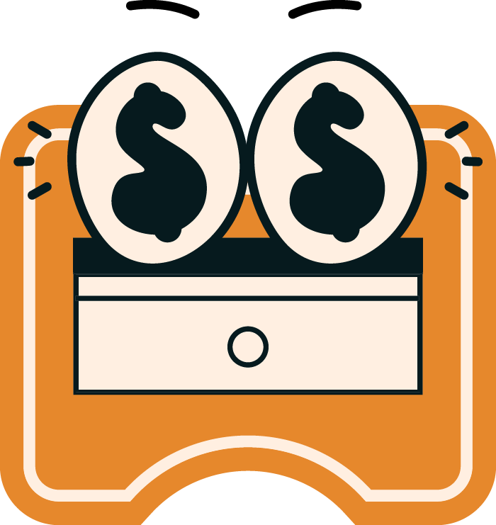 A cartoon illustration of a cash register with two coins on top, each featuring a dollar sign.