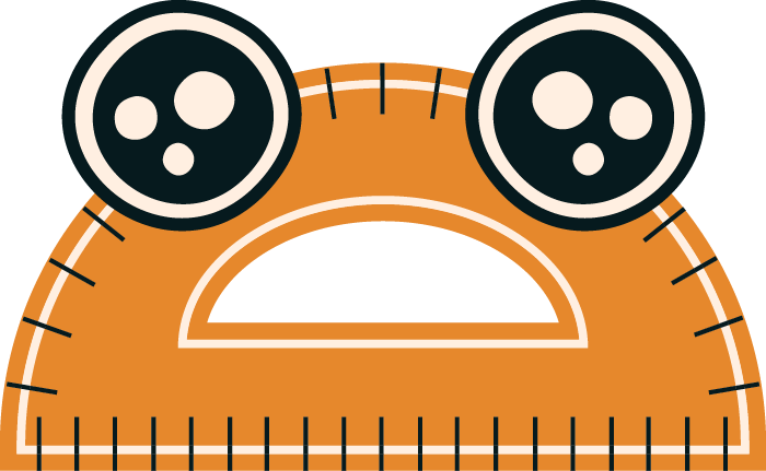 Cartoon face with two large eyes, a rounded mouth, and an orange semi-circular-shaped head with a measuring scale around the bottom edge.