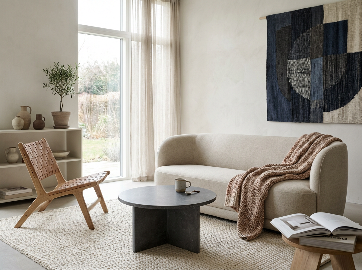 Living room with beige sofa, woven wooden chair, black round coffee table with coffee mug, open magazine, cream-colored rug, white bookshelf with vases, large window with sheer curtains, abstract wall art, and a gray throw blanket.