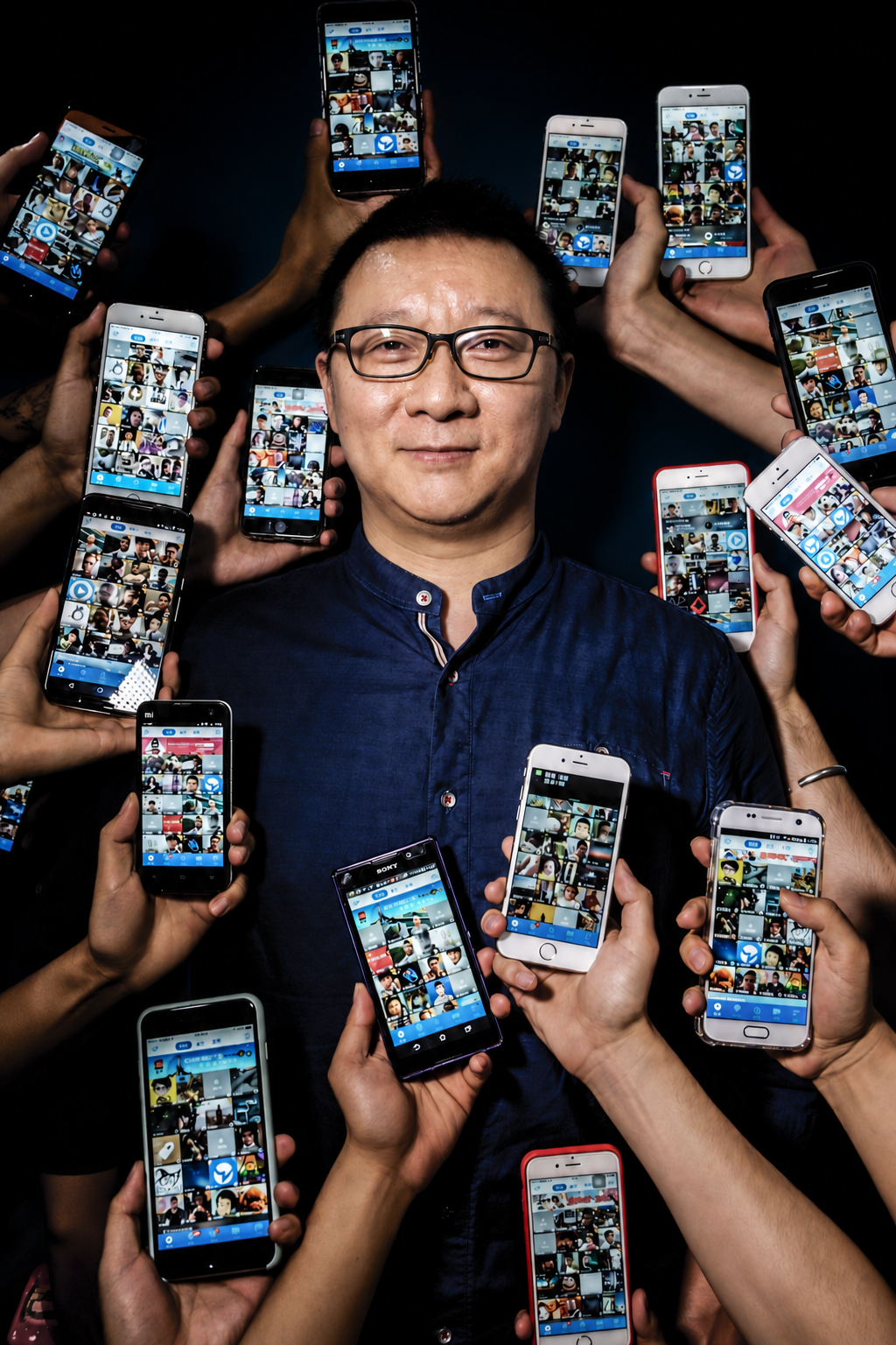 A man wearing glasses surrounded by people holding smartphones with the same social media app displayed on the screens.