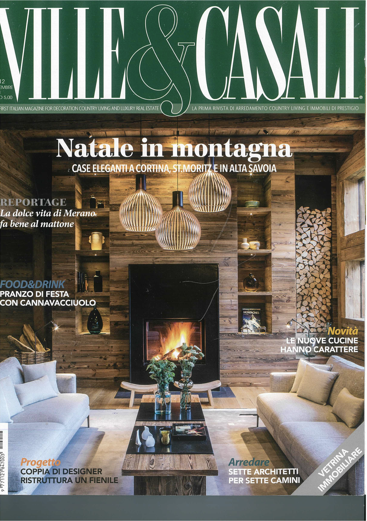 Cover of Elle & Casail magazine featuring a cozy, modern wooden interior living room with a fireplace, wooden shelves, decorative objects, and seating.