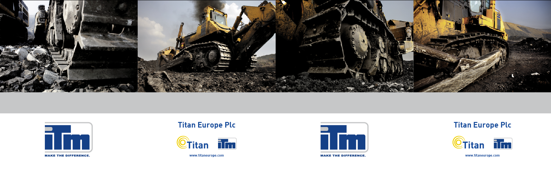 Close-up of a bulldozer's metal tracks moving gravel, with other construction vehicles in the background and a blue sky.