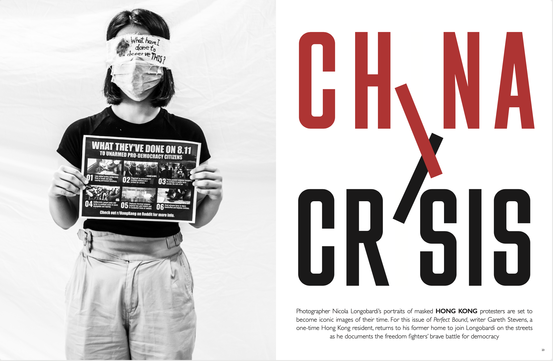 A black and white photo of a woman with shoulder-length hair, wearing a face mask and holding an informational poster, with a large red and black graphic text on the right side of the image.