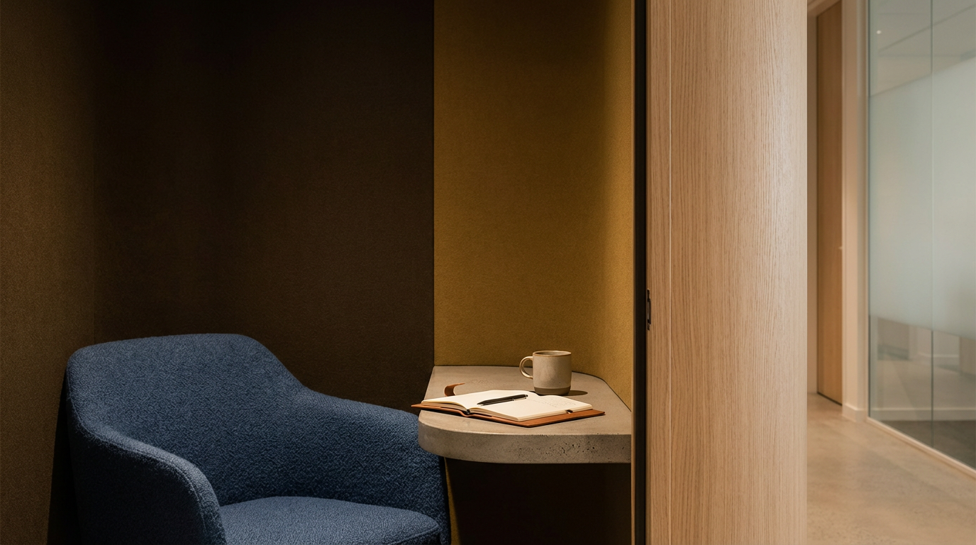 Gray chair next to a small desk with a notebook, pencil, and cup of coffee on it. Neutral background tones.