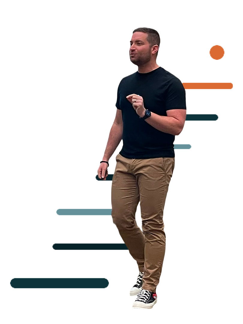 Cut out of Bryce Griffler, in front of alternating blue, teal, and orange ascending lines