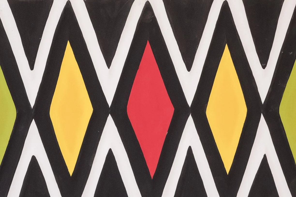 A geometric Rwandan tribal pattern featuring black, white, yellow, and red diamond shapes arranged in a repeating pattern.
