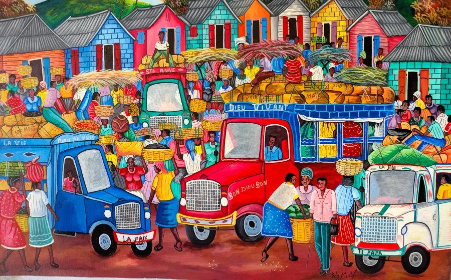 Colorful market scene populated with trucks, vendors, and shoppers selling produce in a lively village setting.