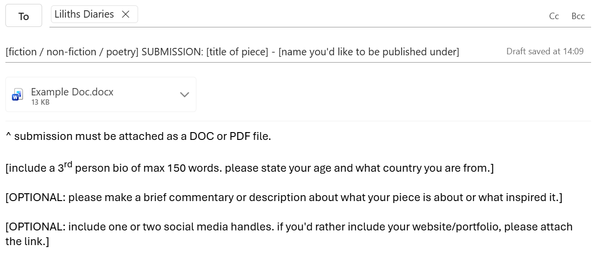 Screenshot of literary submission example.