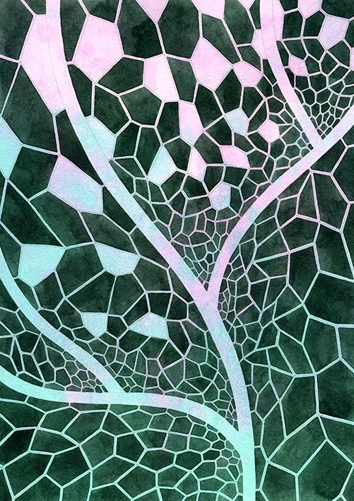Close-up view of a leaf's intricate vein structure, painted by artist Joanna Ritchie in pastel shades of pink, green, and blue.