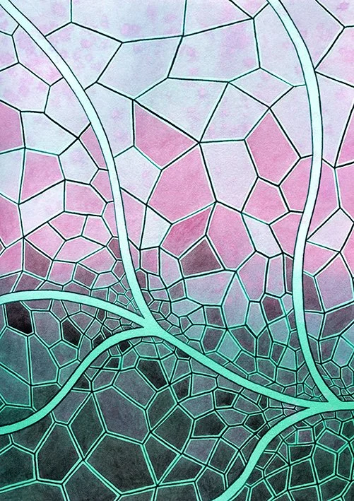 Abstract art painted by Joanna Ritchie of interconnected, glowing cellular structures in shades of purple, pink, and teal.