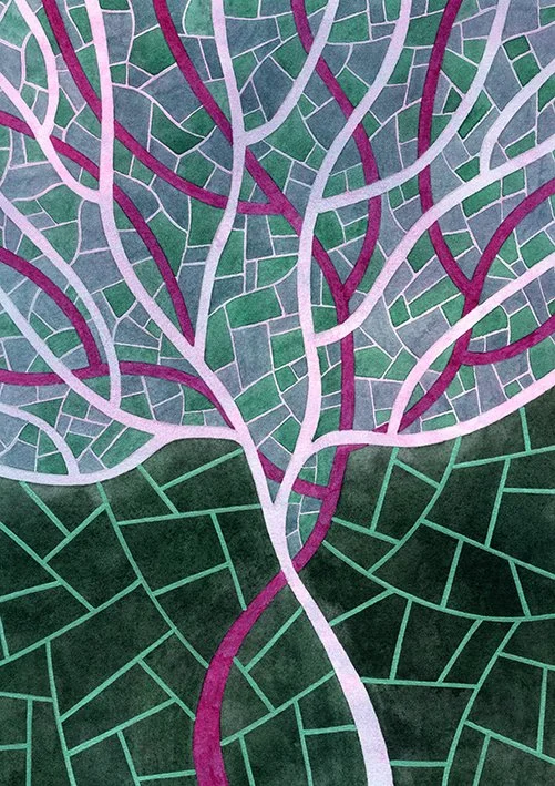 Abstract artwork  of a tree with network-like branches painted in watercolour by Joanna Ritchie in shades of purple and pink, set against a dark green geometric background.